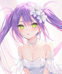 Rule 34 | 1girl, bare shoulders, blush, breasts, cleavage, collarbone, commentary request, dress, flower, green eyes, hair flower, hair ornament, hololive, jewelry, long hair, looking at viewer, medium breasts, necklace, purple hair, rurudo, solo, tokoyami towa, twintails, upper body, virtual youtuber, white dress