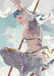 Rule 34 | 1boy, blue hair, bracelet, cigarette, cu chulainn (fate), cu chulainn (fate/stay night), cu chulainn (second ascension) (fate), earrings, fate/grand order, fate/stay night, fate (series), from behind, gae bolg (fate), jewelry, male focus, mouth hold, necklace, official alternate costume, polearm, ponytail, red eyes, rei (sanbonzakura), ribbon, solo, spear, topless male, weapon