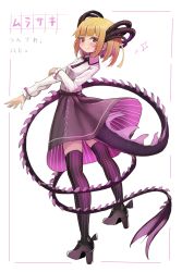 Rule 34 | 159cm, 1girl, black footwear, blonde hair, closed mouth, earrings, from behind, grey skirt, high heels, highres, horns, jewelry, long sleeves, looking at viewer, looking back, medium hair, multiple horns, necktie, original, purple necktie, red eyes, shirt, short necktie, skirt, smile, solo, standing, striped clothes, striped thighhighs, thighhighs, two-sided fabric, two-sided skirt, very long tail, white shirt