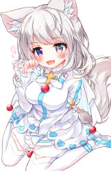 Rule 34 | 1girl, :d, animal ears, blush, bow, bowtie, claw pose, cross, fang, frills, grey eyes, heterochromia, highres, open mouth, purple eyes, shoes, sitting, skin fang, smile, tail, thighhighs, wariza, white background, white hair, yukine