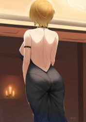 Rule 34 | 1girl, armlet, ass, back, backless dress, backless outfit, bare shoulders, black dress, blonde hair, breasts, dress, earrings, facing away, from behind, girls&#039; frontline, highres, indoors, jewelry, kion-kun, large breasts, official alternate costume, short hair, solo, vsk-94 (girls&#039; frontline), vsk-94 (night on the silver bay) (girls&#039; frontline)