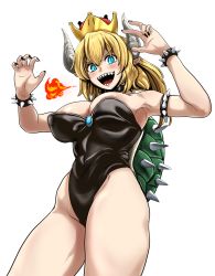 Rule 34 | 1girl, bad id, bad twitter id, bare shoulders, black leotard, blonde hair, blue eyes, bowsette, bracelet, breasts, collar, commentary request, crown, highres, horns, jewelry, large breasts, leotard, long hair, mario (series), nintendo, open mouth, sharp teeth, solo, spiked bracelet, spiked collar, spikes, super crown, tail, teeth, turtle shell, white background, yaruku