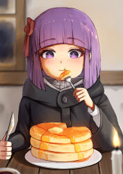 Rule 34 | 1girl, absurdres, black robe, butter, candle, eating, fern (sousou no frieren), fire, food, fork, hair ribbon, highres, holding, holding fork, holding knife, indoors, kaneko ryou, knife, maple syrup, pancake, pancake stack, plate, purple eyes, purple hair, red ribbon, ribbon, robe, short hair, solo, sousou no frieren, table
