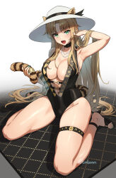 Rule 34 | 1girl, animal ears, arknights, armpits, bare shoulders, bead necklace, beads, black footwear, black leotard, blush, breasts, cleavage, commentary request, cuboon, green eyes, hand in own hair, hat, jewelry, large breasts, leotard, looking at viewer, navel, necklace, official alternate costume, open mouth, parted bangs, sitting, solo, swire (arknights), swire the elegant wit (arknights), tail, thighs, wariza, white hat