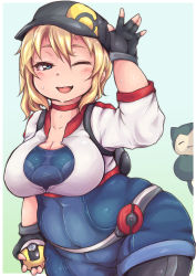 Rule 34 | 1girl, ass, belly, belt, big belly, black legwear, blonde hair, blue eyes, blush, breasts, cleavage, covered navel, creatures (company), fat, game freak, gen 1 pokemon, hair between eyes, hat, heo (tkgm), holding, large breasts, looking at viewer, nintendo, one eye closed, open mouth, plump, poke ball, pokemon, pokemon (creature), pokemon go, shirt, smile, snorlax, ultra ball, waving, white shirt