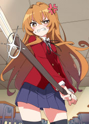 Rule 34 | 1girl, aisaka taiga, anger vein, angry, black thighhighs, blue skirt, blush, bokken, brown eyes, brown hair, chair, classroom, clenched teeth, commentary request, glint, holding, indoors, ixy, long hair, long sleeves, looking at viewer, oohashi high school uniform, pleated skirt, school uniform, skirt, sword, table, teeth, thighhighs, thighs, toradora!, weapon, wooden sword, zettai ryouiki