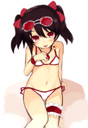Rule 34 | 1girl, :p, arm support, bare arms, bare shoulders, bikini, black hair, blush, bow, closed mouth, eyewear on head, frills, gem, hair bow, halterneck, halterneck, hand on own chest, head tilt, jewelry, kurasuke, bridal garter, long hair, looking at viewer, original, pendant, red bow, red eyes, side-tie bikini bottom, sidelocks, grey-framed eyewear, simple background, sitting, sketch, smile, solo, sunglasses, swimsuit, tongue, tongue out, twintails, white background, white bikini, wristband