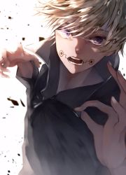 Rule 34 | 1boy, between fingers, commentary request, facial mark, glowing, glowing eyes, grabbing, highres, holding, incoming attack, inumaki toge, jujutsu kaisen, male focus, open mouth, purple eyes, seryo, solo, teeth, white hair