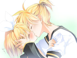 Rule 34 | 1boy, 1girl, arm grab, bad id, bad pixiv id, blonde hair, blush, brother and sister, closed eyes, hair ribbon, hand on another&#039;s head, hetero, incest, kagamine len, kagamine rin, kiss, nyankichi, ponytail, ribbon, shirt, siblings, twincest, twins, vocaloid, white shirt