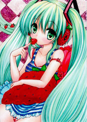 Rule 34 | 1girl, bad id, bad pixiv id, bra strap, checkered background, dannashitoyome, food, food print, fruit, green eyes, green hair, hatsune miku, headphones, heart, heart-shaped pupils, long hair, looking at viewer, marker (medium), matching hair/eyes, millipen (medium), panties, print panties, solo, strap slip, strawberry, strawberry panties, strawberry print, symbol-shaped pupils, traditional media, twintails, underwear, very long hair, vocaloid