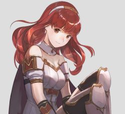 Rule 34 | 1girl, brown hair, celica (fire emblem), fingerless gloves, fire emblem, fire emblem echoes: shadows of valentia, fire emblem gaiden, gloves, grey background, long hair, looking at viewer, nintendo, red hair, simple background, smile, thighhighs
