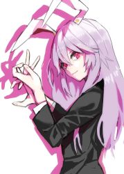 Rule 34 | animal ears, black jacket, commentary request, from side, hands up, highres, jacket, long hair, long sleeves, nanasuou, one-hour drawing challenge, purple hair, rabbit ears, rabbit shadow puppet, red eyes, reisen udongein inaba, shadow puppet, simple background, touhou, upper body, white background