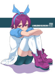 Rule 34 | 1girl, alice carroll (rotd), bike shorts, bike shorts under skirt, boots, bow, dress, expressionless, hairband, highres, kkzk61539201, looking at viewer, purple eyes, purple footwear, purple hair, rage of the dragons, ribbon, short hair, shorts, simple background, sitting, solo, thighhighs, twitter username, white background, white dress, white thighhighs