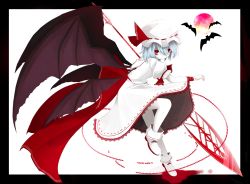 Rule 34 | aizettonagi, bat wings, blue hair, bracelet, dress, fang, floating, highres, jewelry, looking back, looking to the side, pale skin, puffy short sleeves, puffy sleeves, red eyes, remilia scarlet, short hair, short sleeves, simple background, solo, staff, touhou, white background, white dress, wings