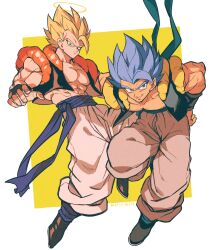 Rule 34 | 2boys, abs, absurdres, artist name, baggy pants, biceps, black footwear, black vest, blonde hair, blue eyes, blue hair, blue sash, boots, closed mouth, collarbone, dragon ball, dragon ball super, dragonball z, dual persona, full body, gogeta, green eyes, halo, highres, leaning forward, looking at viewer, male focus, metamoran vest, multiple boys, muscular, muscular male, open clothes, open vest, pants, parted lips, pectorals, relio db318, sash, serious, simple background, smile, spiked hair, super saiyan, super saiyan 1, super saiyan blue, twitter username, two-tone background, v-shaped eyebrows, vest, white background, white pants, yellow background