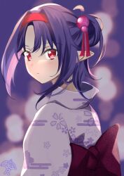 Rule 34 | 1girl, absurdres, alternate costume, alternate hairstyle, closed mouth, hair bun, hairband, highres, honeyrain re, japanese clothes, kimono, looking at viewer, looking back, parted bangs, pointy ears, purple hair, red eyes, red hairband, solo, sword art online, upper body, yuuki (sao)