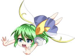 Rule 34 | 1girl, blue eyes, daiyousei, female focus, full body, green hair, hair ribbon, lying, on stomach, open mouth, ribbon, side ponytail, simple background, smile, solo, takorice, touhou, transparent background, white background, wings