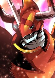 Rule 34 | armor, blue eyes, digimon, digimon (creature), fire, highres, horns, looking at viewer, shadow, shinegreymon, solo