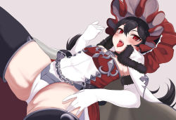 Rule 34 | 1girl, absurdres, bad id, bad pixiv id, black hair, blush, breasts, cape, choker, elbow gloves, fangs, frilled hairband, frills, fur-trimmed cape, fur trim, gloves, hairband, highres, illya (small) (princess connect!), illya (princess connect!), leotard, long hair, open mouth, princess connect!, red eyes, saliva, saliva trail, slit pupils, small breasts, solo, thighhighs, thighs, tongue, tongue out, vampire, very long hair, yuntesuke
