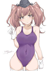 Rule 34 | 1girl, alternate costume, artist name, atlanta (kancolle), blush, breasts, brown hair, collarbone, competition swimsuit, cowboy shot, dated, earrings, gakky, garrison cap, gloves, gluteal fold, grey eyes, hat, jewelry, kantai collection, large breasts, long hair, looking at viewer, navel, one-piece swimsuit, signature, single earring, solo, star (symbol), star earrings, swimsuit, thighhighs, two side up, white background, white thighhighs