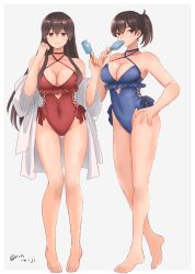 Rule 34 | 2girls, adapted costume, akagi (kancolle), barefoot, breasts, brown eyes, brown hair, casual one-piece swimsuit, cleavage, cosplay, eating, food, food in mouth, frilled one-piece swimsuit, frilled swimsuit, frills, full body, hair between eyes, highres, holding, holding food, ice cream, ice cream bar, jacket, kaga (kancolle), kantai collection, large breasts, long hair, mouth hold, multiple girls, one-piece swimsuit, popsicle, rin (rin niji), sagiri (kancolle), sagiri (kancolle) (cosplay), side ponytail, simple background, swimsuit, white background