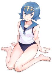 Rule 34 | 1girl, arm support, bare legs, barefoot, blue eyes, blue hair, blue sailor collar, blush, bright pupils, closed mouth, collarbone, commentary request, creatures (company), feet, full body, game freak, hairband, highleg, highleg swimsuit, highres, lana (pokemon), legs, nintendo, no pants, no sclera, nobita (nbnobita), one-piece swimsuit, pokemon, pokemon sm, sailor collar, shirt, short hair, sitting, sleeveless, sleeveless shirt, smile, solo, swimsuit, swimsuit under clothes, toes, white pupils, white shirt, yellow hairband