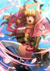 Rule 34 | 1girl, animal print, black thighhighs, blonde hair, butterfly print, cloud, dynamic pose, facepaint, fangs, final fantasy, final fantasy xiv, holding, holding weapon, japanese clothes, katana, kimono, long hair, miqo&#039;te, obi, open mouth, petals, pink eyes, pink kimono, rosa (hoshino), samurai (final fantasy), sash, sky, slit pupils, solo, sparkle, swinging, sword, thighhighs, warrior of light (ff14), weapon, white thighhighs, wide sleeves