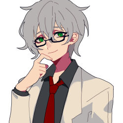 Rule 34 | 1boy, benjamin (project moon), black shirt, closed mouth, collared shirt, commentary request, er hea, glasses, green eyes, grey hair, hair between eyes, lab coat, lobotomy corporation, long sleeves, looking at viewer, male focus, necktie, project moon, rectangular eyewear, red necktie, shirt, short hair, simple background, smile, solo, white background