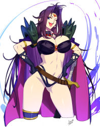 Rule 34 | 1girl, azusa (hws), black panties, breasts, cape, gloves, hair intakes, hands on own hips, large breasts, legs apart, long hair, midriff, naga the serpent, panties, revealing clothes, scabbard, sheath, sheathed, simple background, slayers, solo, standing, underwear, very long hair, white background