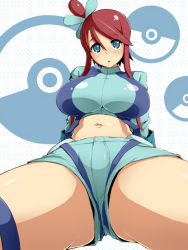 Rule 34 | 10s, 1girl, blue eyes, breasts, creatures (company), game freak, gym leader, hair ornament, huge breasts, large breasts, legs, midriff, navel, nintendo, pokemon, pokemon bw, red hair, shorts, skyla (pokemon), solo, thick thighs, thighs, torathi