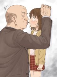 Rule 34 | 1boy, 1girl, against wall, age difference, balding, brown hair, child, constricted pupils, fat, fat man, food, formal, nitera1041, original, pocky, pocky kiss, scared, shared food, short hair, simple background, skirt, standing, suit, white background