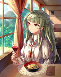 Rule 34 | 1girl, akinomiya asuka, alcohol, alternate costume, blunt bangs, bowl, closed mouth, commentary request, cup, curtains, day, dress, drinking glass, expressionless, fingernails, food, green hair, hair ribbon, highres, holding, holding cup, holding drinking glass, indoors, long hair, long sleeves, looking outside, mystical power plant, nail polish, noodles, notebook, original, red eyes, red nails, red ribbon, ribbon, solo, suitokuin tenmu, sunlight, thick eyebrows, udon, upper body, white dress, white ribbon, window, wine, wine glass, wing collar
