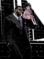 Rule 34 | 1boy, 1girl, barret wallace, beard, black hair, black suit, bow, brick wall, brown hair, cofffee, dress, facial hair, father and daughter, final fantasy, final fantasy vii, final fantasy vii remake, formal, gun, marlene wallace, materia, pink dress, scar, scar on face, short hair, sitting on arm, square enix, suit, sunglasses, weapon, yellow bow
