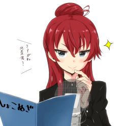 Rule 34 | &gt;:), 10s, 1girl, black shirt, blue eyes, book, closed mouth, finger to mouth, hair between eyes, hair bun, long sleeves, looking at viewer, microphone, open book, pop filter, red hair, rocha (aloha ro cha), sakaki shizuka, shirobako, shirt, simple background, single hair bun, solo, sparkle, studio microphone, translation request, tsurime, v-shaped eyebrows, white background
