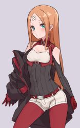 Rule 34 | 1girl, abigail williams (fate), absurdres, bandaid, bandaid on face, bandaid on forehead, bare shoulders, black jacket, black shirt, blonde hair, blue eyes, blush, breasts, cleavage cutout, clothing cutout, crossed bandaids, fate/grand order, fate (series), forehead, highres, jacket, kopaka (karda nui), long hair, long sleeves, looking at viewer, off shoulder, open clothes, open jacket, pantyhose, parted bangs, red pantyhose, ribbed shirt, shirt, short shorts, shorts, small breasts, solo, white shorts