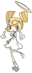 Rule 34 | 1girl, :d, angel, angel wings, ankle lace-up, bare arms, bare shoulders, blonde hair, blue eyes, blue flower, blush stickers, collarbone, cross-laced footwear, curled fingers, detached wings, double bun, dress, flower, from side, full body, hair bun, hair flower, hair ornament, halo, hand up, leg up, looking at viewer, looking to the side, no nose, open mouth, original, parted lips, pleated dress, shoes, simple background, sleeveless, sleeveless dress, smile, solo, spaghetti strap, standing, tareme, white background, white dress, white footwear, white wings, wings, yukihi