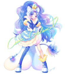 Rule 34 | 1girl, animal ear fluff, animal ears, asymmetrical legwear, blue eyes, blue footwear, blue gloves, blue hair, blue jacket, blue skirt, blush, boots, character name, crown, cure gelato, cure gelato (a la mode style), full body, fur-trimmed gloves, fur-trimmed sleeves, fur trim, gloves, grin, hair intakes, hand on own hip, jacket, kirakira precure a la mode, layered skirt, lion ears, lion tail, long hair, looking at viewer, miniskirt, one eye closed, precure, short sleeves, signature, simple background, skirt, smile, solo, standing, suyamii, tail, tategami aoi, thigh boots, thighhighs, uneven legwear, very long hair, white background, white skirt