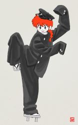 Rule 34 | 1girl, :p, braid, full body, gender request, genderswap, grey background, hat, lucille, ranma-chan, ranma 1/2, red hair, saotome ranma, simple background, single braid, solo, standing, standing on one leg, tongue, tongue out