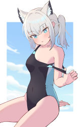 Rule 34 | 1girl, absurdres, animal ear fluff, animal ears, arm behind back, black one-piece swimsuit, blue archive, blue eyes, blue one-piece swimsuit, blue sky, blush, clothes pull, cloud, collarbone, competition swimsuit, hair between eyes, head tilt, highres, holding, holding clothes, holding swimsuit, kise, light blush, looking at viewer, one-piece swimsuit, one-piece swimsuit pull, outside border, ponytail, school swimsuit, shiroko (blue archive), shiroko (swimsuit) (blue archive), short hair, sitting, sky, solo, swimsuit, thighs, two-sided fabric, white hair, wolf ears