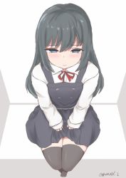 Rule 34 | 1girl, artist name, asashio (kancolle), belt, black dress, black hair, black thighhighs, blue eyes, blush, bow, buttons, child, closed mouth, dress, eyebrows hidden by hair, female focus, full body, highres, kantai collection, long hair, long sleeves, looking at viewer, penasi 1, pinafore dress, red bow, red ribbon, ribbon, shirt, sleeveless dress, solo, swept bangs, thighhighs, twitter username, white background, white shirt, zettai ryouiki