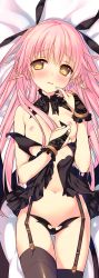 Rule 34 | 1girl, black dress, black gloves, black thighhighs, blush, breasts, clothes pull, demon girl, detached collar, dress, dress pull, ear blush, garter straps, gloves, gradient background, hand to own mouth, highres, lace, lace gloves, long hair, long pointy ears, navel, nipples, partially fingerless gloves, pink hair, pointy ears, short dress, small breasts, solo, tatami to hinoki, thighhighs, wings, yellow eyes