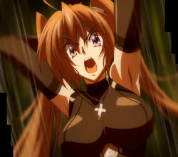 Rule 34 | 1girl, angry, armpits, arms behind head, breasts, cross, cross necklace, high school dxd, highres, incoming attack, jewelry, large breasts, long hair, looking at viewer, necklace, open mouth, orange hair, purple eyes, shidou irina, solo, stitched, third-party edit, twintails