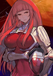 Rule 34 | 1girl, black gloves, bodysuit, breasts, covered navel, glaring, gloves, hand on headwear, harness, helmet, hime cut, holding, holding helmet, hungry clicker, ken marinaris, large breasts, long hair, looking at viewer, red bodysuit, red eyes, red hair, shiny skin, solo, space, upper body, zone of the enders 2