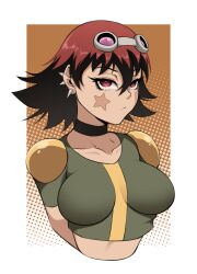 Rule 34 | 1girl, black hair, choker, ear piercing, eva wei, goggles, goggles on head, green shirt, highres, kristallion, looking at viewer, marking on cheek, markings, midriff, multicolored hair, oban star-racers, piercing, red eyes, red hair, shirt, short hair, shoulder pads, simple background, solo, solo focus, tattoo, tomboy, unamused