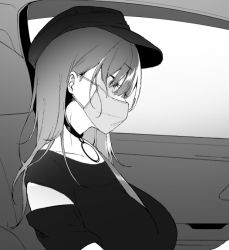 Rule 34 | 1girl, baseball cap, between breasts, breasts, car interior, character request, choker, collarbone, greyscale, hair over eyes, hat, large breasts, looking down, mask, medium hair, monochrome, mouth mask, seatbelt, sitting, solo, yamakonbu