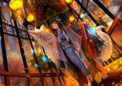 Rule 34 | 1girl, animal, architecture, banner, bell, bird, black hair, blunt bangs, building, commentary request, day, dutch angle, east asian architecture, fantasy, flock, hair ornament, hair ribbon, hallway, haori, highres, hime cut, hitodama, holding, indoors, japanese clothes, jingle bell, kimono, lamp, lantern, long hair, long sleeves, looking at viewer, obi, original, outstretched arm, pagoda, paper lantern, platform clogs, platform footwear, purple eyes, purple kimono, red ribbon, ribbon, sandals, sash, shiabisu, sidelocks, solo, tree, very long hair, walking, wide sleeves, wolf, zouri