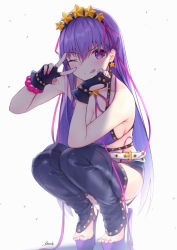 Rule 34 | 1girl, ;q, bare shoulders, bb (fate), bb (fate) (all), bb (swimsuit mooncancer) (fate), bb (swimsuit mooncancer) (second ascension) (fate), bee doushi, belt, belt buckle, bikini, bikini top only, black gloves, black hairband, black shorts, black thighhighs, blush, breasts, buckle, cleavage, closed mouth, commentary request, fate/grand order, fate (series), fingerless gloves, fingernails, full body, gloves, hair between eyes, hair ornament, hair ribbon, hairband, hands up, high heels, large breasts, long hair, micro shorts, nail polish, one eye closed, pink nails, pink ribbon, platform footwear, purple bikini, purple eyes, purple footwear, purple hair, ribbon, sandals, shadow, short shorts, shorts, signature, smile, solo, squatting, star (symbol), star hair ornament, stirrup legwear, swimsuit, thighhighs, toeless legwear, toes, tongue, tongue out, v, very long hair, white background, white belt