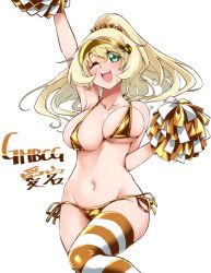 Rule 34 | 1girl, arm up, atago (kancolle), bare arms, bare shoulders, bikini, blonde hair, blue eyes, blush, breasts, character name, cheering, cheerleader, collarbone, cowboy shot, gold bikini, groin, hair between eyes, holding, holding pom poms, kantai collection, large breasts, long hair, navel, one eye closed, open mouth, pom pom (cheerleading), pom poms, scrunchie, simple background, solo, striped clothes, striped thighhighs, swimsuit, teeth, thighhighs, udukikosuke, upper teeth only, white background, yellow scrunchie