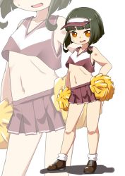 Rule 34 | 1girl, bob cut, braid, brown eyes, brown skirt, cheerleader, commentary request, crop top, crop top overhang, green hair, highres, holding, holding pom poms, kantai collection, midriff, nassukun, pleated skirt, pom pom (cheerleading), short hair, sidelocks, skirt, solo, takanami (kancolle), visor cap, zoom layer