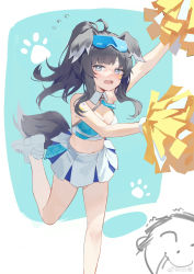 Rule 34 | 1boy, 1girl, absurdres, ahoge, animal ears, arm up, doodle sensei (blue archive), bare shoulders, black hair, blue archive, blush, breasts, cleavage, crop top, detached collar, dog ears, dog girl, dog tail, eyewear on head, grey eyes, hibiki (blue archive), hibiki (cheer squad) (blue archive), highres, holding, holding pom poms, kitk qun, layered skirt, long hair, looking at viewer, medium breasts, midriff, millennium cheerleader outfit (blue archive), miniskirt, navel, open mouth, outstretched arms, paw print, pom pom (cheerleading), pom poms, ponytail, raised eyebrows, sensei (blue archive), shoes, skirt, sneakers, solo, standing, standing on one leg, sunglasses, sweatdrop, tail, weibo watermark, white footwear, white skirt